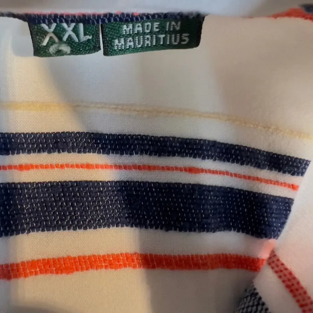 Orvis Button Shirt Men's XXL White Blue Orange Stripe Short Sleeve Linen Feel